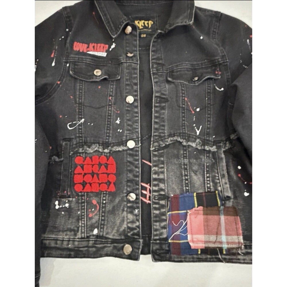 KLEEP Unisex Denim Jacket XS S Graffiti Patchwork Distressed Punk Streetwear - Picture 4 of 9